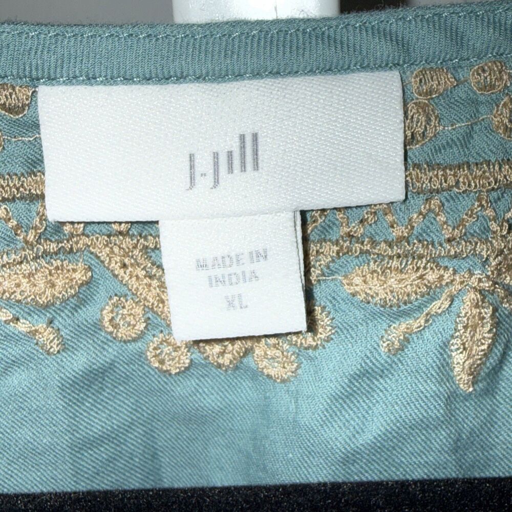 J Jill Detailed Embroidery Soft Cotton Twill Top V Neck Boho Blue/Tan XL $99 - Picture 6 of 10
